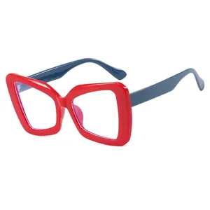 Oversized irregular polygon anti-blue light glasses with bold red and blue frame