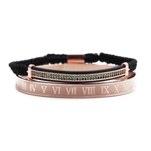 Men's titanium steel Roman numeral bangle with green zircon braided bracelet set