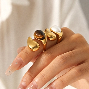 18k gold plated stainless steel teardrop rings featuring tiger eye stone and pearl inlay