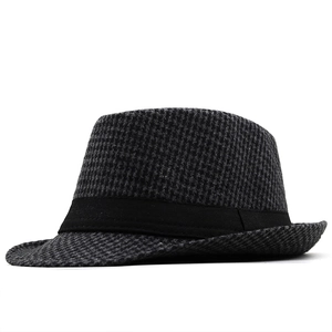 Classic houndstooth felt fedora hat for men and women featuring a black grosgrain ribbon band