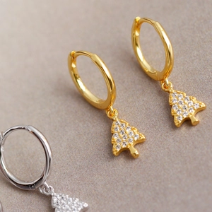 Sparkling gold Christmas tree earrings with S925 silver studs and crystal inlay