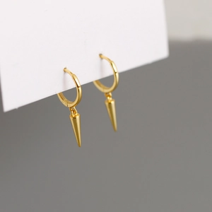 Minimalist gold S925 sterling silver hoop earrings with a polished spike cone pendant