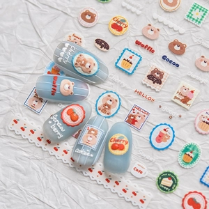 3D embossed cartoon bear and dessert nail stickers with cute strawberry and waffle patterns