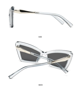 Side and back view of retro cat-eye sunglasses with transparent grey frame and gold temples