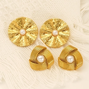 Retro titanium steel gold earrings set with round and triangle designs and pearls