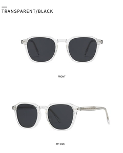 Detailed front and side views of transparent round polarized sunglasses with dark lenses