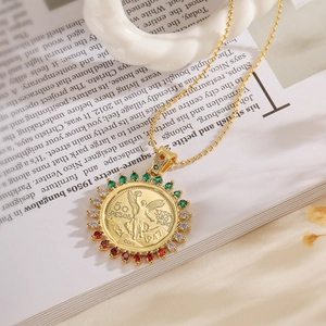 Vintage 18K gold plated coin necklace with colorful zircons on a delicate bead chain