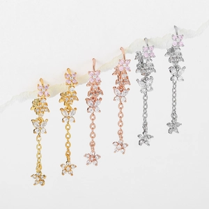 Three pairs of butterfly tassel earrings in gold, silver, and rose gold with zircon stones