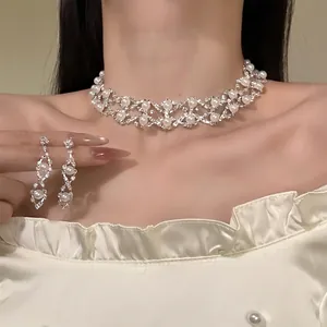 Elegant Faux Artificial Pearl Rhinestone Necklace And Earrings Jewelry For Women Wedding Party French Style Accessory