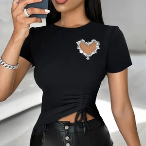 T-shirt Ajusté Femme Cœur Strass Découpé Côté Froncé Cordon Manches Courtes Col Rond Streetwear Top