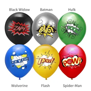 Colorful superhero party latex balloons with comic style zap and boom prints for kids