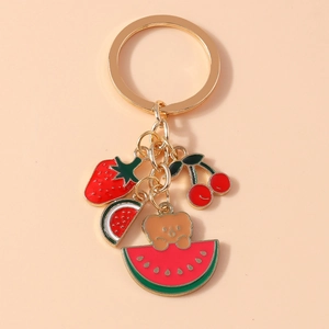 Cute Cartoon Enamel Fruit Bear Keychain Strawberry Cherry Watermelon Alloy Keyring For Women Kids Bag Charm Jewelry Gift