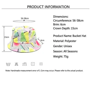 Size guide for geometric bucket hat showing circumference, depth and brim measurements