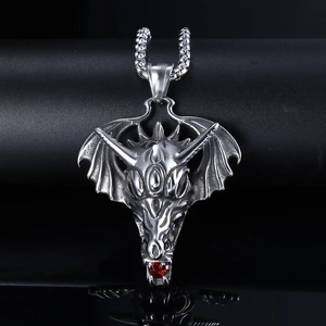 Gothic dragon head necklace in silver stainless steel with a red stone pendant