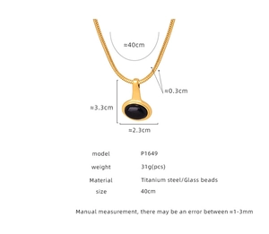 Detailed measurement view of French vintage gold necklace with black glass pendant charm