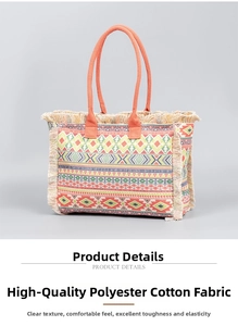 Detail of bohemian tote bag showing premium cotton-polyester fabric and fringe tassels