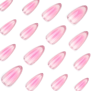 Elegant pink smudge gradient almond press-on nails with subtle pink glitter edges.