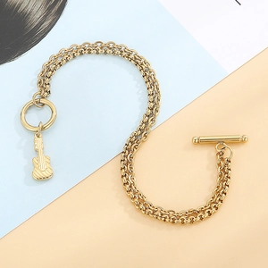 Double-layered gold titanium steel bracelet with guitar pendant and OT toggle clasp