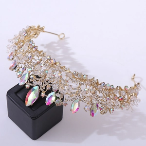 Luxury Baroque gold wedding crown with AB crystals, pearls and intricate filigree design
