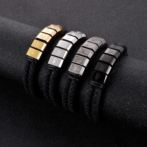 Double-layer braided leather bracelets with stainless steel beads in four metallic colors