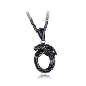 Vue détaillée du pendentif dragon en acier inoxydable noir avec design Ouroboros