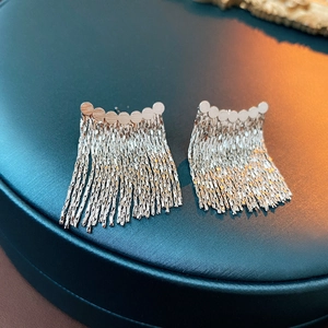 Detail of silver chain tassel earrings with round metal discs on green leather stand