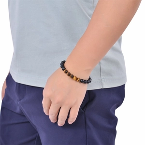 Bracelet pour homme en perles d'œil de tigre naturel et pierre noire mate au poignet