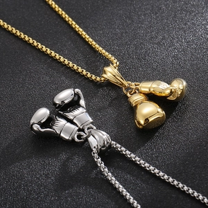 Gold and silver boxing glove pendant necklaces with box chain in polished stainless steel