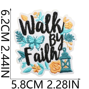 Macro view of Walk By Faith embroidered patch with exact size measurements in inches