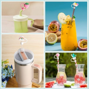 Reusable 10mm silicone straw covers with cute fruit, rainbow and cactus cartoon designs