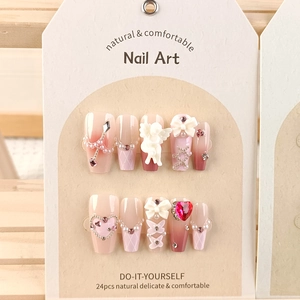 Pink gradient long ballerina press-on nails with 3D bows, angels, and pearl accents
