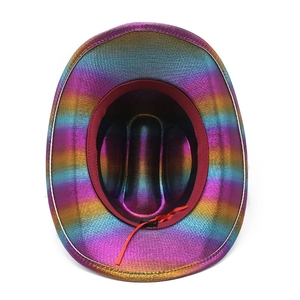 Rainbow gradient metallic cowboy hat with adjustable red chin strap for parties and festivals