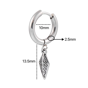 Detailed specs of silver hoop earring with engraved diamond pendant and 10mm inner diameter