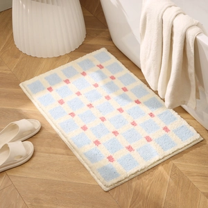 Absorbent Flocked Bath Mat Non-Slip Quick Dry Checkerboard Rug For Bathroom Bedroom Soft Plush Doormat
