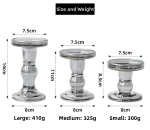 Size specifications for small, medium, and large glass Roman column candle holders