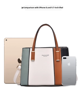 Contrast color handbag size comparison with tablet and phone showing large capacity