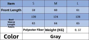 Detailed size chart for gray loose-fit knit sweater showing S M L dimensions in centimeters