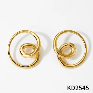 Close-up of golden 316 stainless steel double hoop earrings with a twisted spiral design