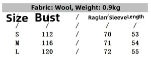 Detailed size chart for wool jacket with chest measurements and sleeve lengths