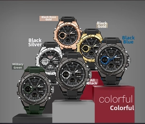 Showcase of SANDA dual display watches in six colors with 50M water resistance