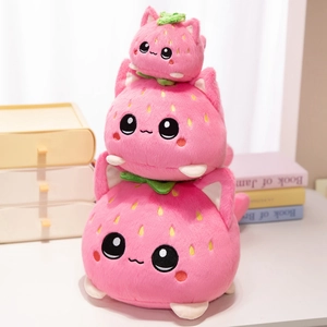Three stacked pink strawberry cat plush toys with cute embroidery and green leaves