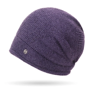 Winter dark purple knit beanie for women featuring a silver M logo with sparkling rhinestones