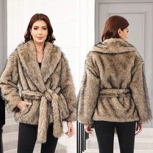 Brown faux fur mid-length coat with waist belt, front and back view, elegant plush style