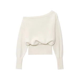Women Off Shoulder Knit Sweater Long Sleeve Loose Pullover Ribbed Cuffs Solid Color Elegant Top
