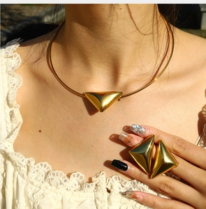 Dettaglio del set di gioielli geometrici dorati con collana e orecchini a triangolo
