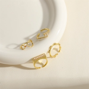 Set of four 14K gold plated rings with bamboo design, colorful zircon and elegant pearls