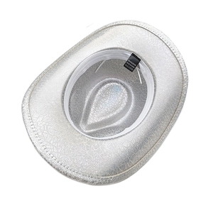 Detail view of silver cowboy hat with laser texture and 100% polyester wash label