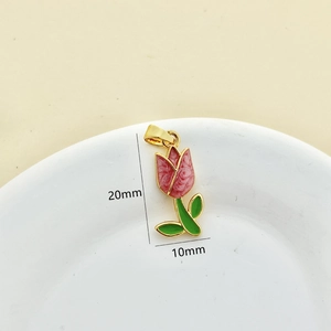 Pink tulip flower pendant with green stem and cubic zirconia inlay, 20mm height