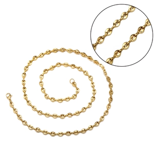 5mm golden stainless steel coffee bean link necklace with detailed texture on white background
