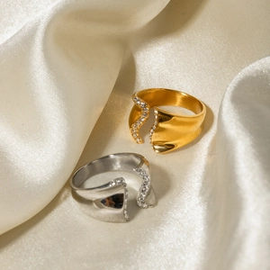 Bagues ouvertes irrégulières en acier inoxydable or 18 carats et argent avec zircon